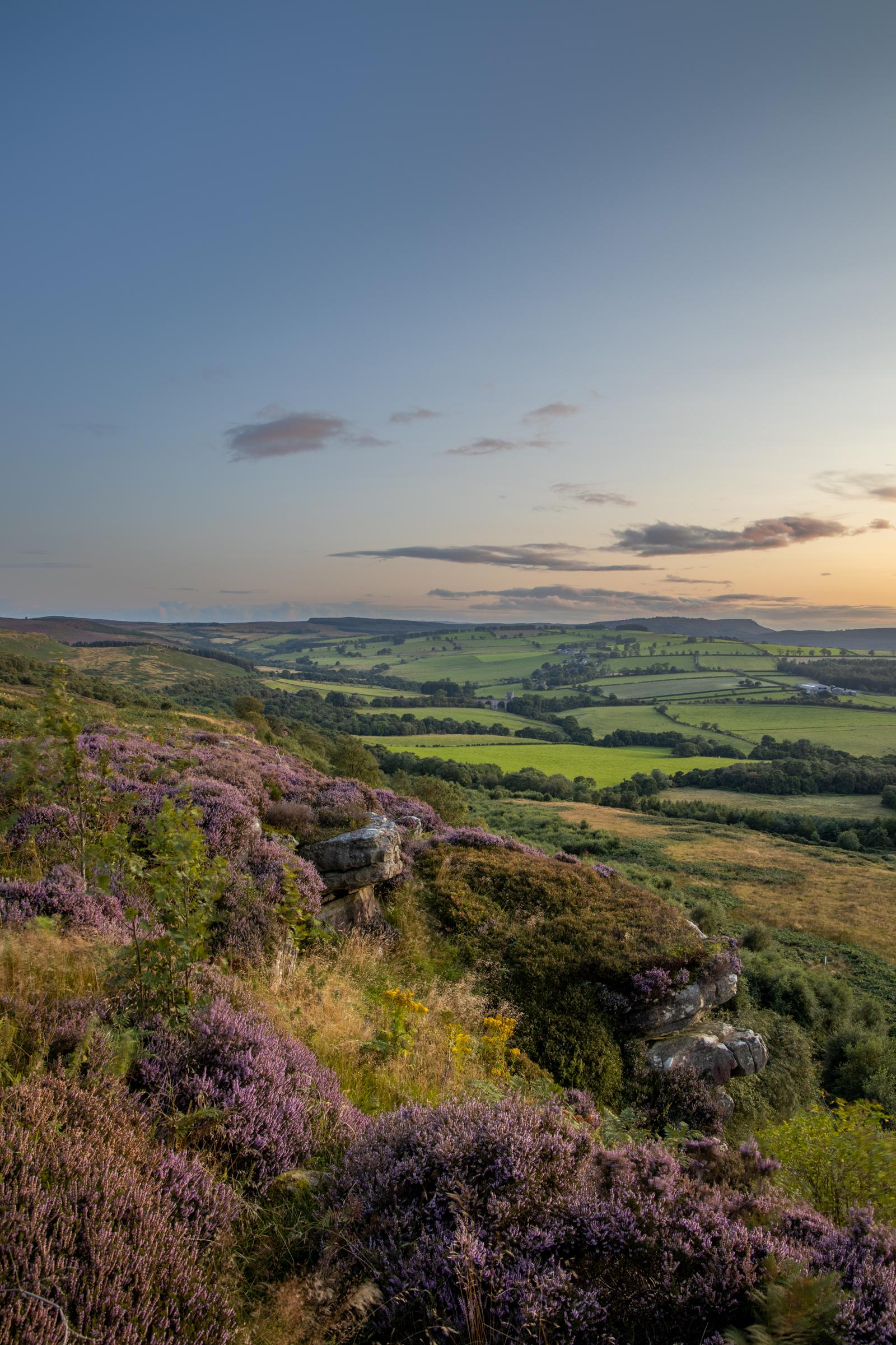 Beautiful late summers evening looking along Corbys Crag with edlingham castle and viaduct in the far distance