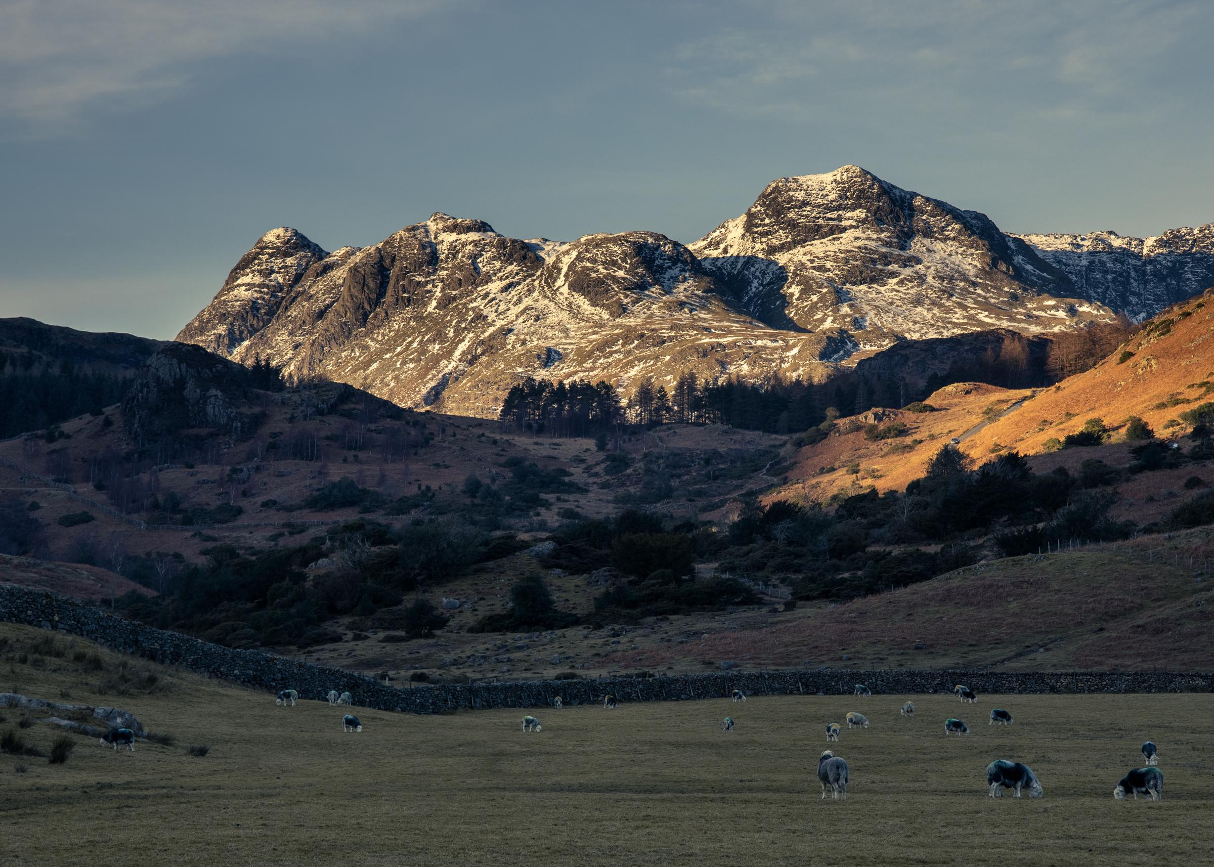 Langdale Pikes with a little dusting of winter from Fell Foot at the start of Wrynose Pass.