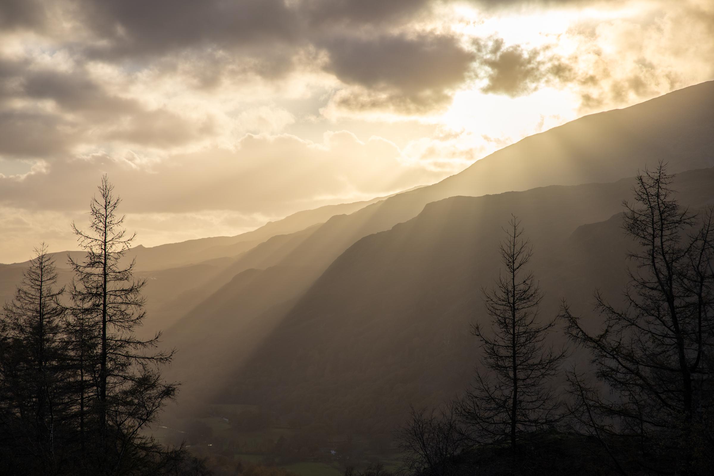 Sunbeams breaking over the ridges on the flanks of Wetherlam and Old Man of Coniston whilst heading up Tom Heights. This was the last of the light that day, but it was great to see.